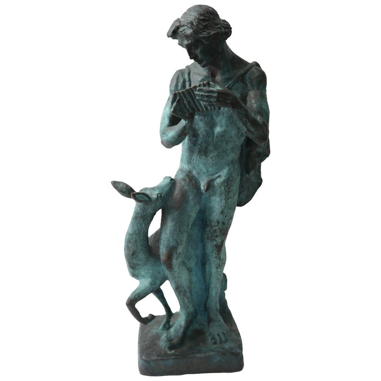 Patinated Bronze Sculpture Greek Shepherd Playing a Pan Flute at