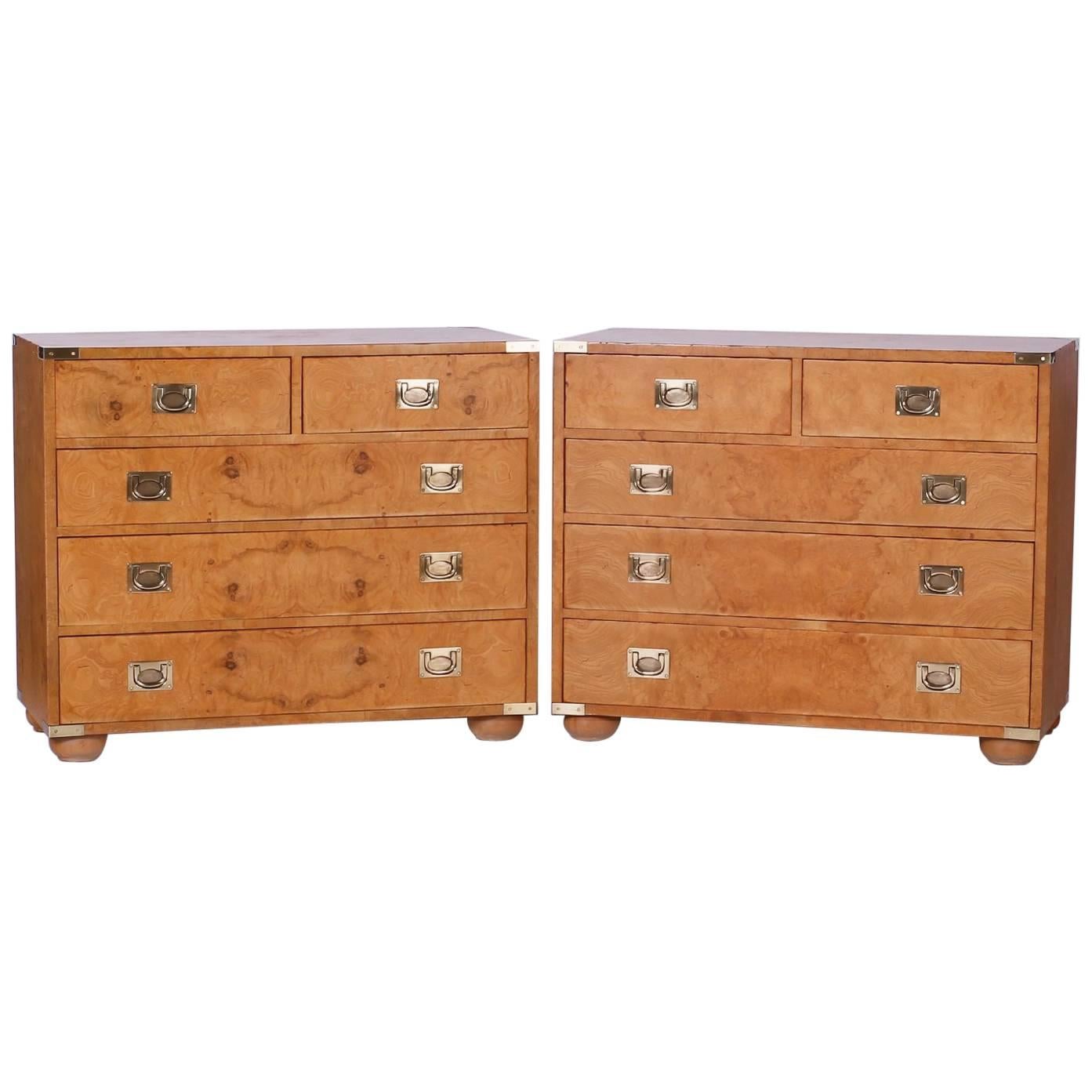 Pair of Midcentury Burl Walnut Campaign Style Chests
