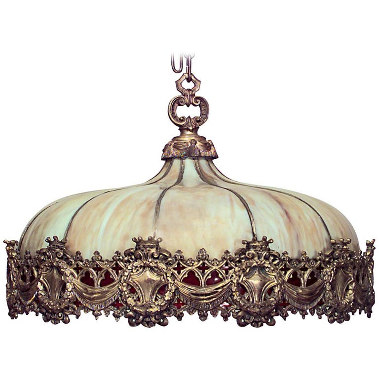 American Victorian Leaded Glass and Bronze Chandelier For Sale at 1stDibs