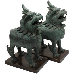 Pair of Frederick Cooper Patinated Bronze Foo Dog Censer Sculptures