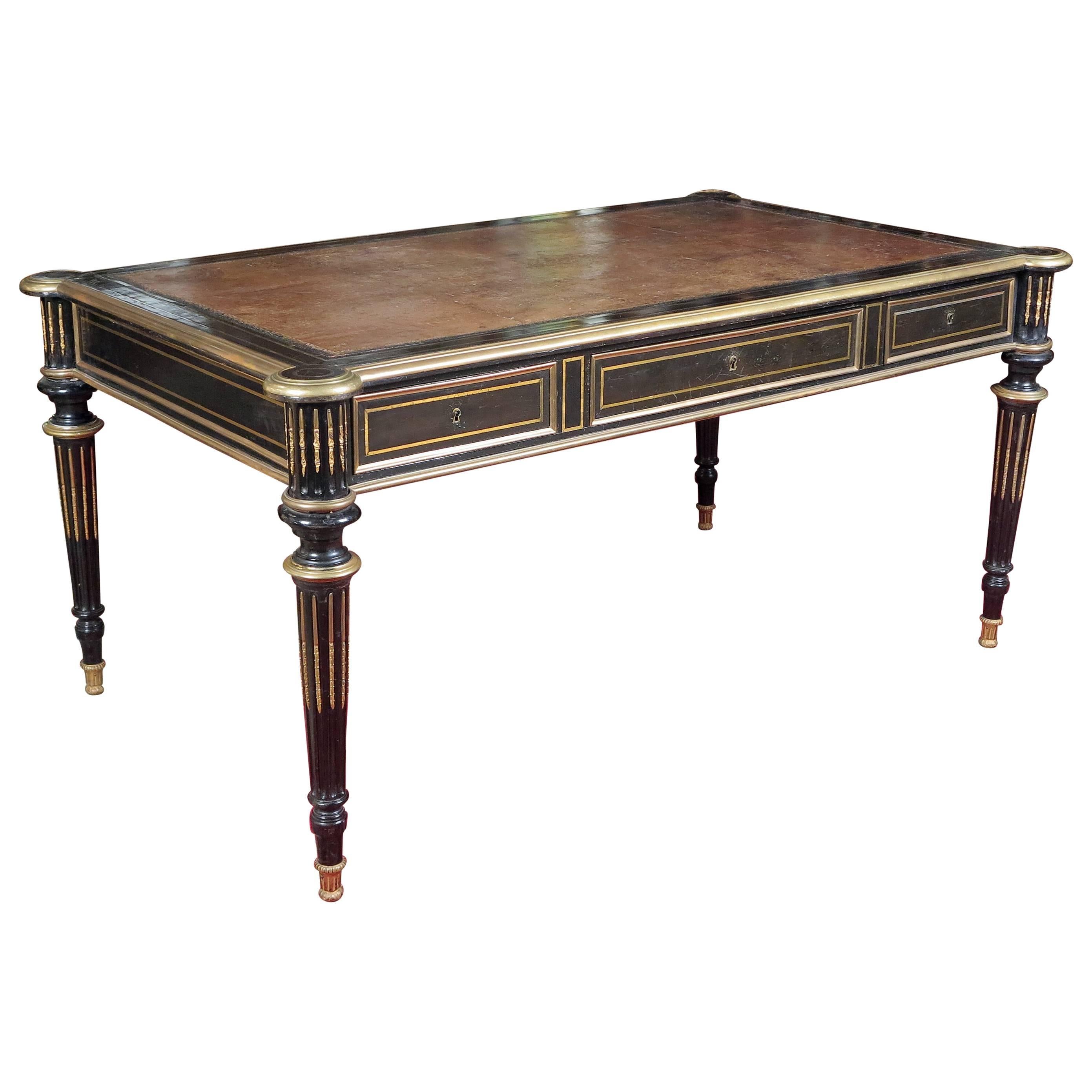 Fine French Ebonized and Brass Inlaid Bureau Plat by Etienne Vieux