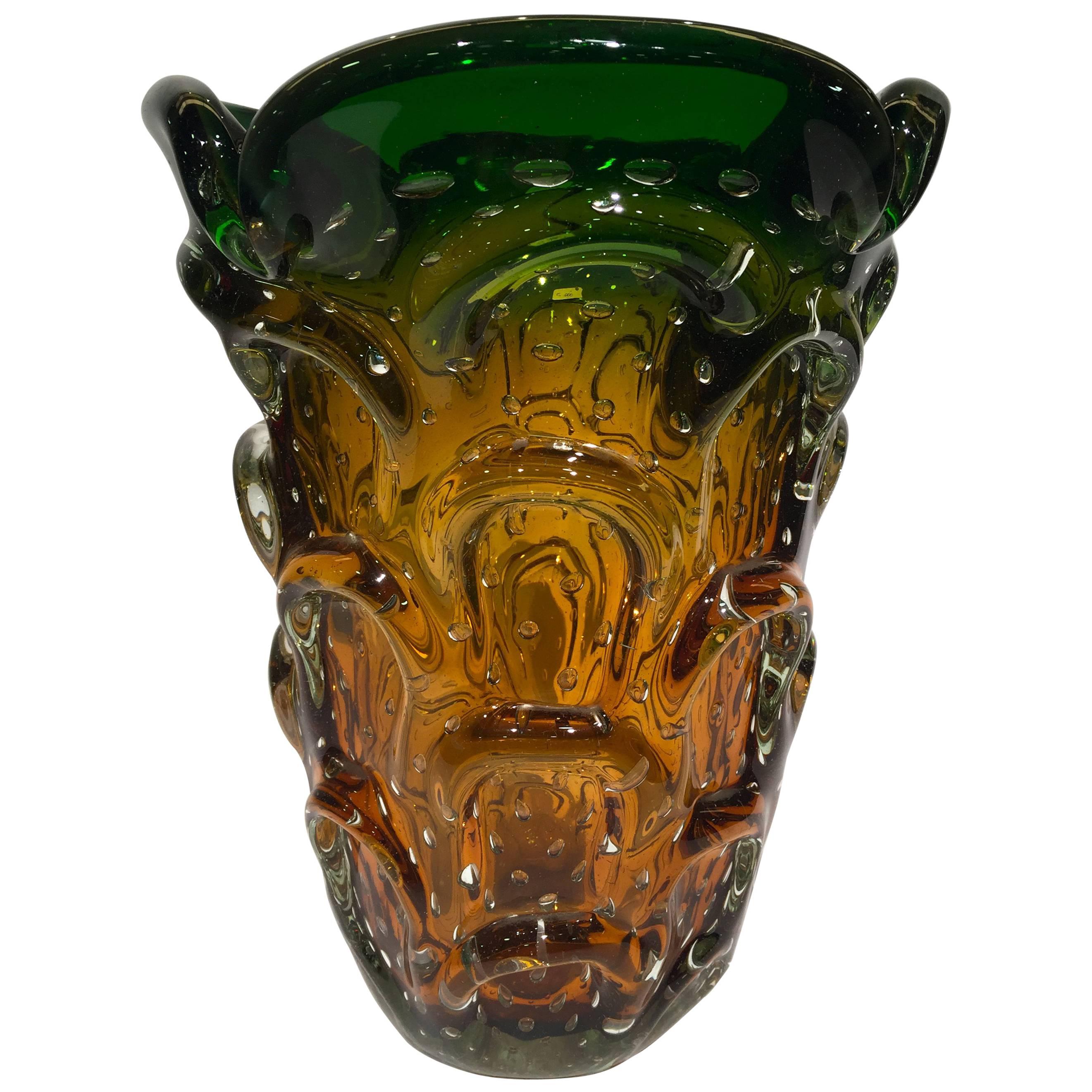 Murano Artistic Blown Glass "Cactus" Vase Green and Amber, circa 1950 For Sale