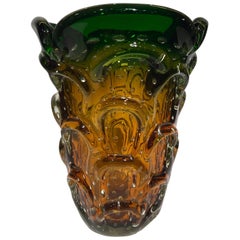 Murano Artistic Blown Glass "Cactus" Vase Green and Amber, circa 1950