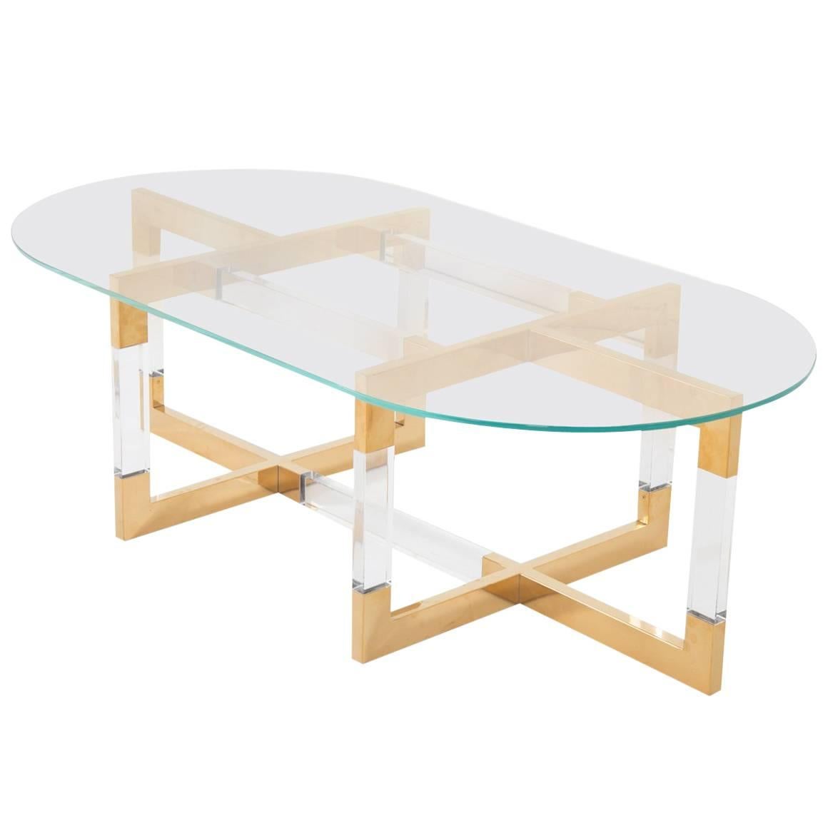 Modern Oval Coffee Table in Brass, Lucite & Glass with Geometric Crisscross Base For Sale
