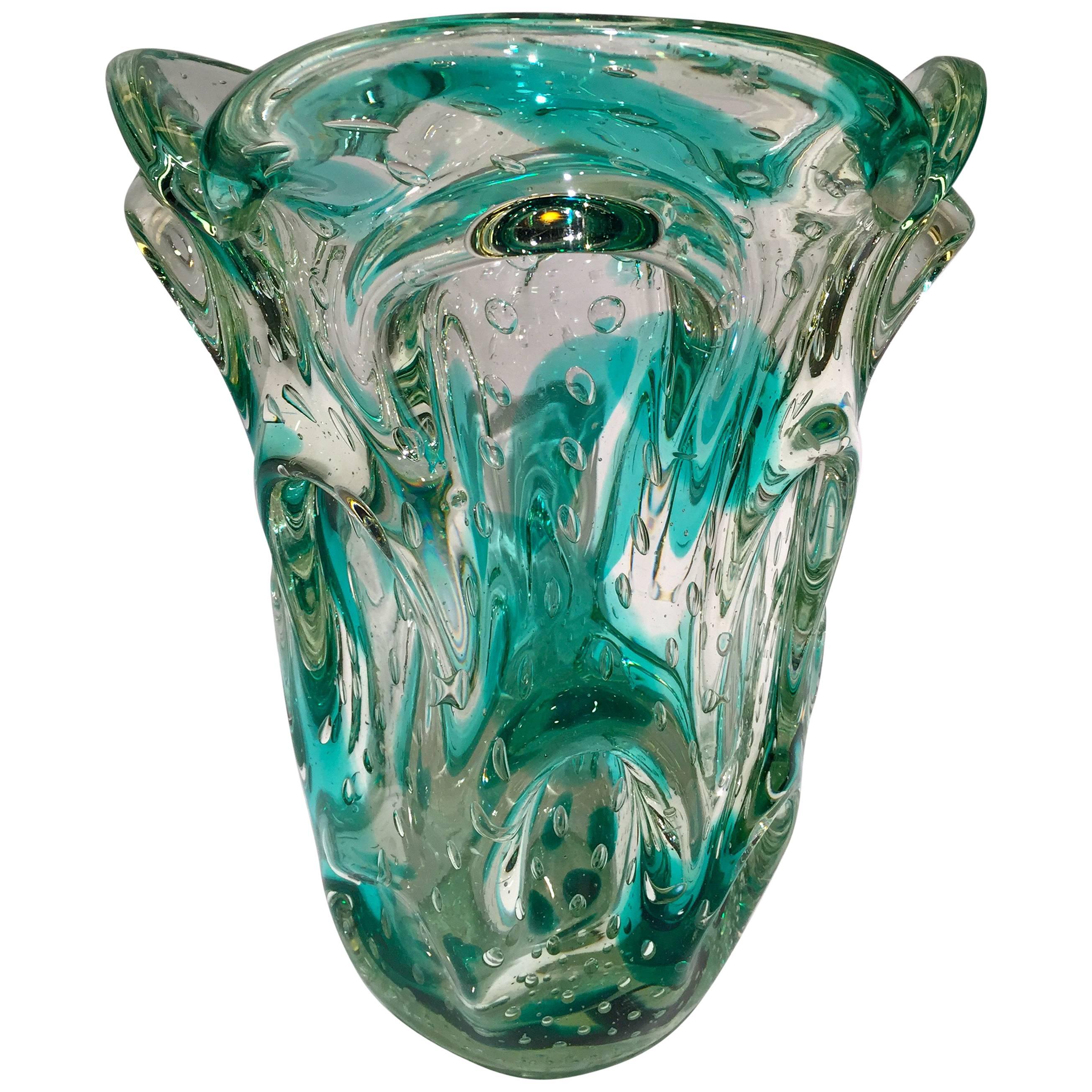 Murano Artistic Blown Glass "Cactus" Vase Green and Crystal, circa 1950 For Sale