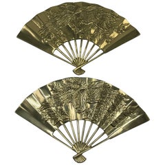 1960s Brass Chinoiserie Fan Wall Sculptures with Dragon Motif, Pair