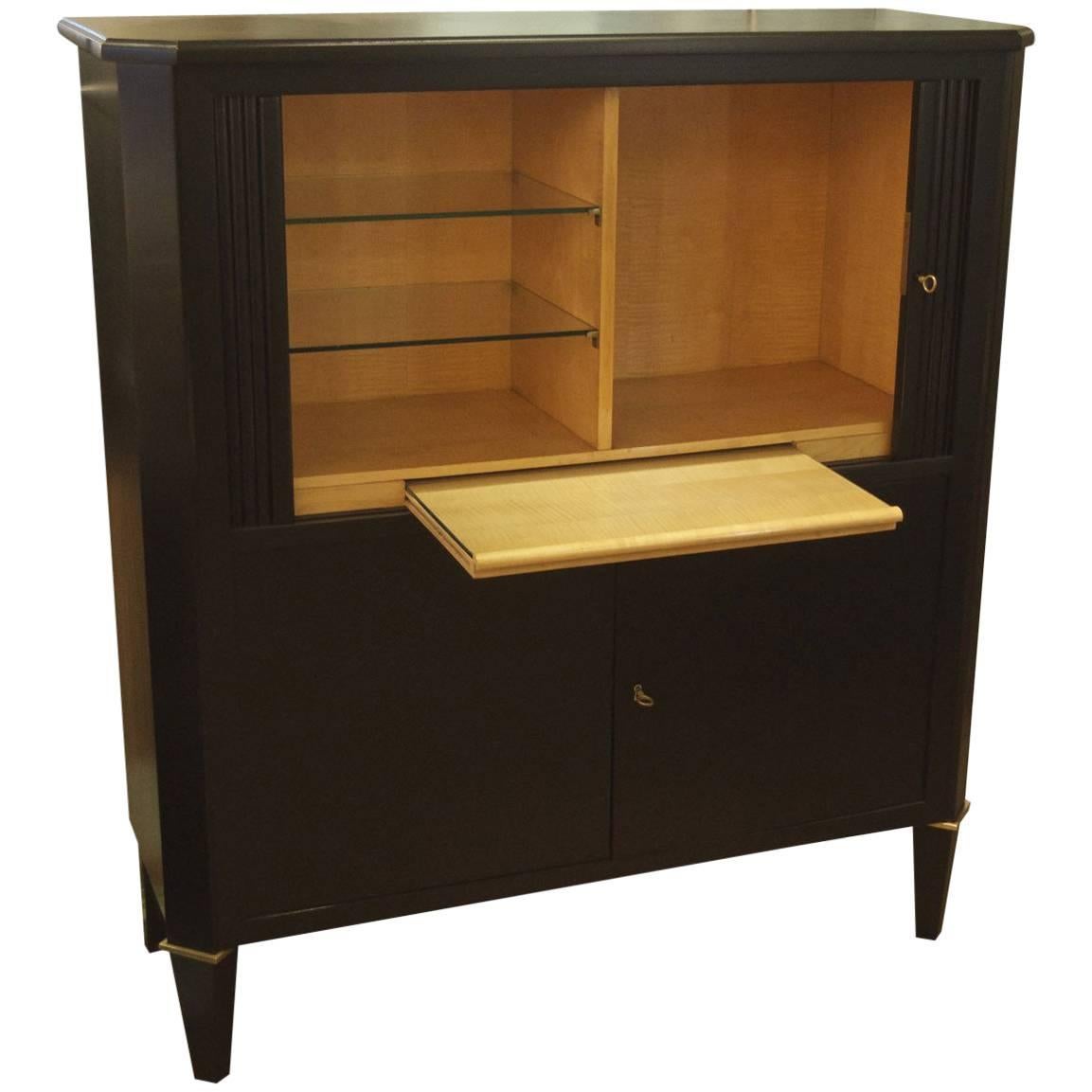 Ebonized Tambour Bar Cabinet in the Style of Maison Ramsay For Sale