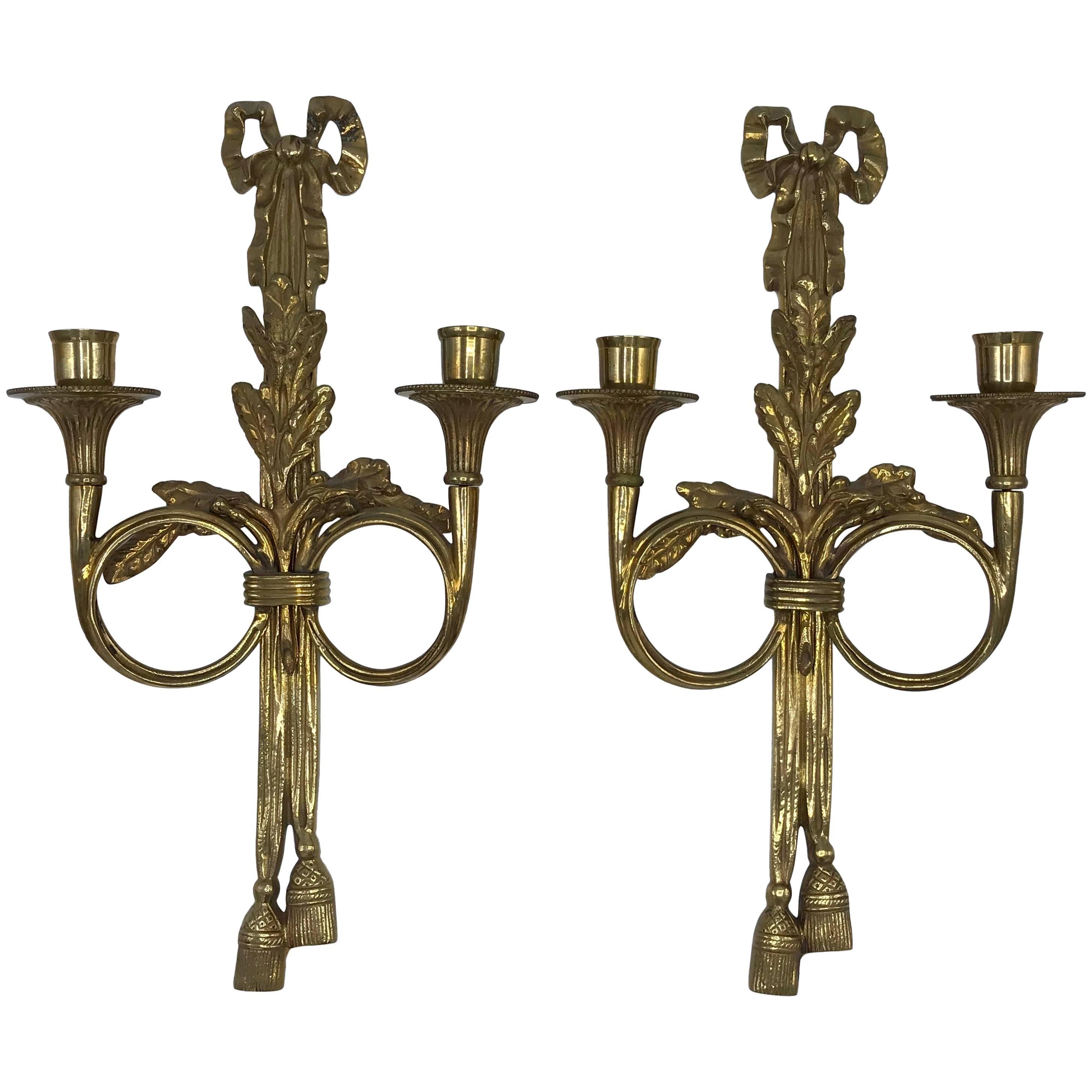 1960s Italian Brass Candlestick Wall Sconces with Tassel and Bow Motif, Pair