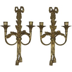 1960s Italian Brass Candlestick Wall Sconces with Tassel and Bow Motif, Pair