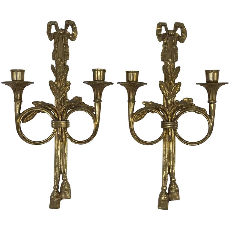 1960s Italian Brass Candlestick Wall Sconces with Tassel and Bow Motif