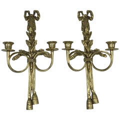 1960s Italian Brass Candlestick Sconce with Tassel and Laurel Wreath Motif, Pair