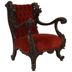 Antique American Victorian Mahogany Wing Chair with Scroll Arms
