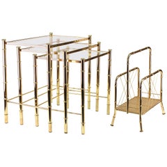 Vintage Nesting Tables and Magazine Stand Set with Faux Bamboo Design in Gilt Metal