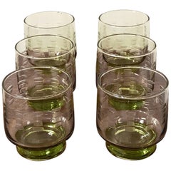 Set of Six Mid-Century Modern Etched Green Cocktail Glasses, 1960s