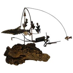 Midcentury Brutalist Metal and Wood Scuba Diver and Shark Kinetic Sculpture