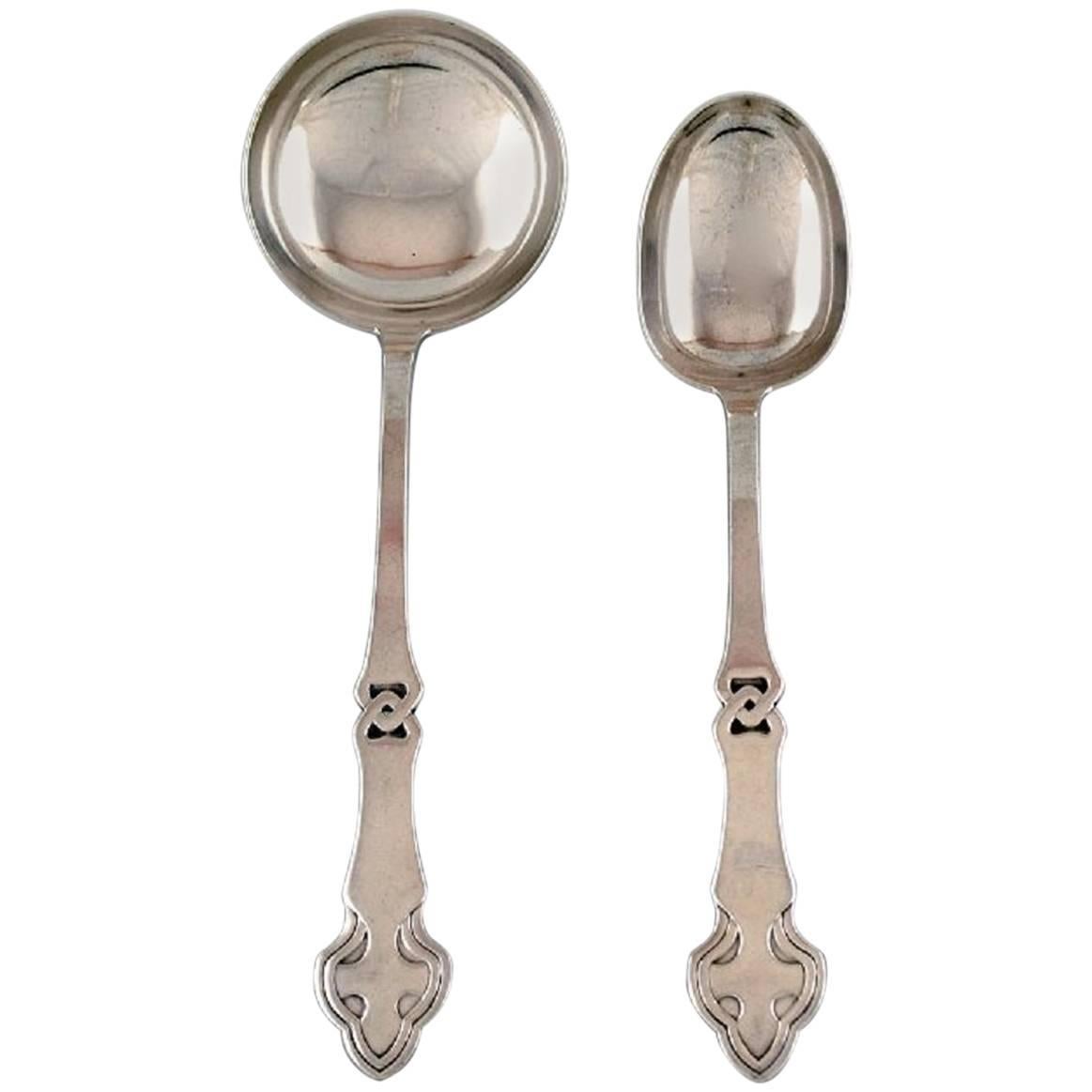 Danish Art Nouveau Two Serving Spoons, Silver, 1910s-1920s.