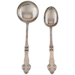 Antique Danish Art Nouveau Two Serving Spoons, Silver, 1910s-1920s.
