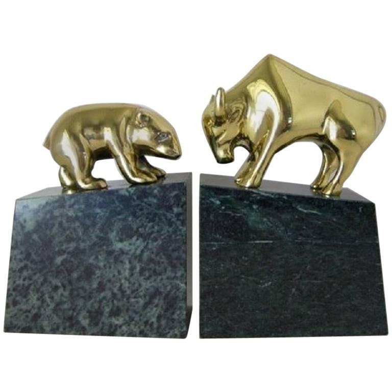 Pair of Brass and Marble Bull and Bear Bookends