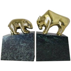 Pair of Brass and Marble Bull and Bear Bookends
