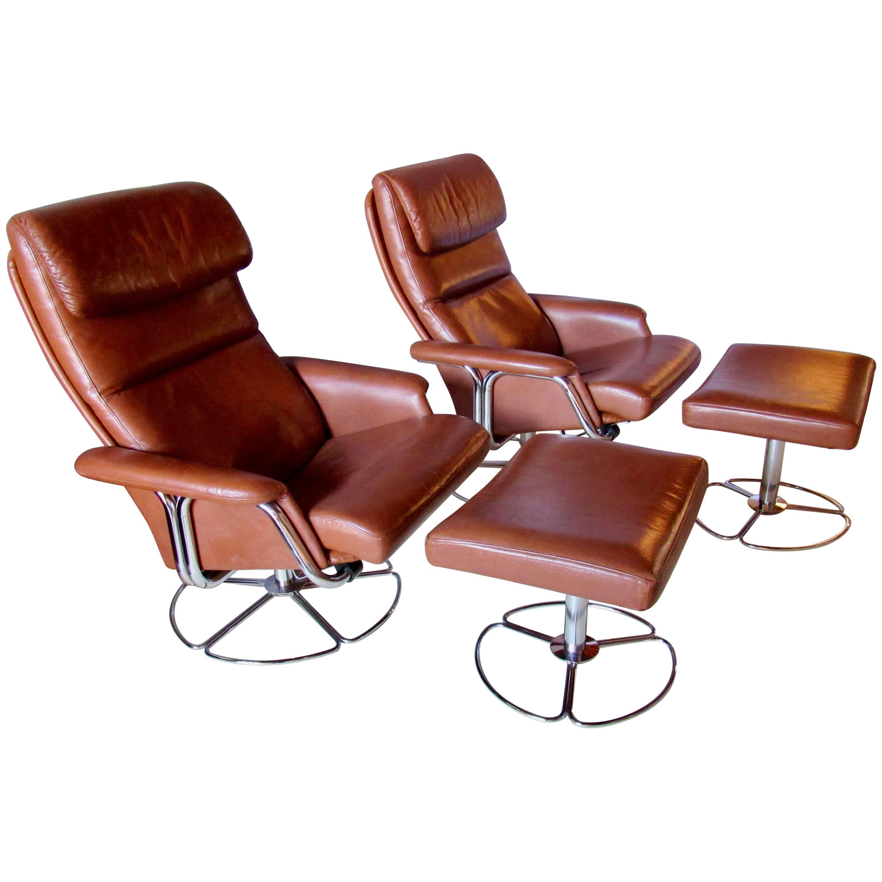 Bruno Mathsson Pair of DUX  Chrome Swivel Lounge Chairs and Ottomans 1970s