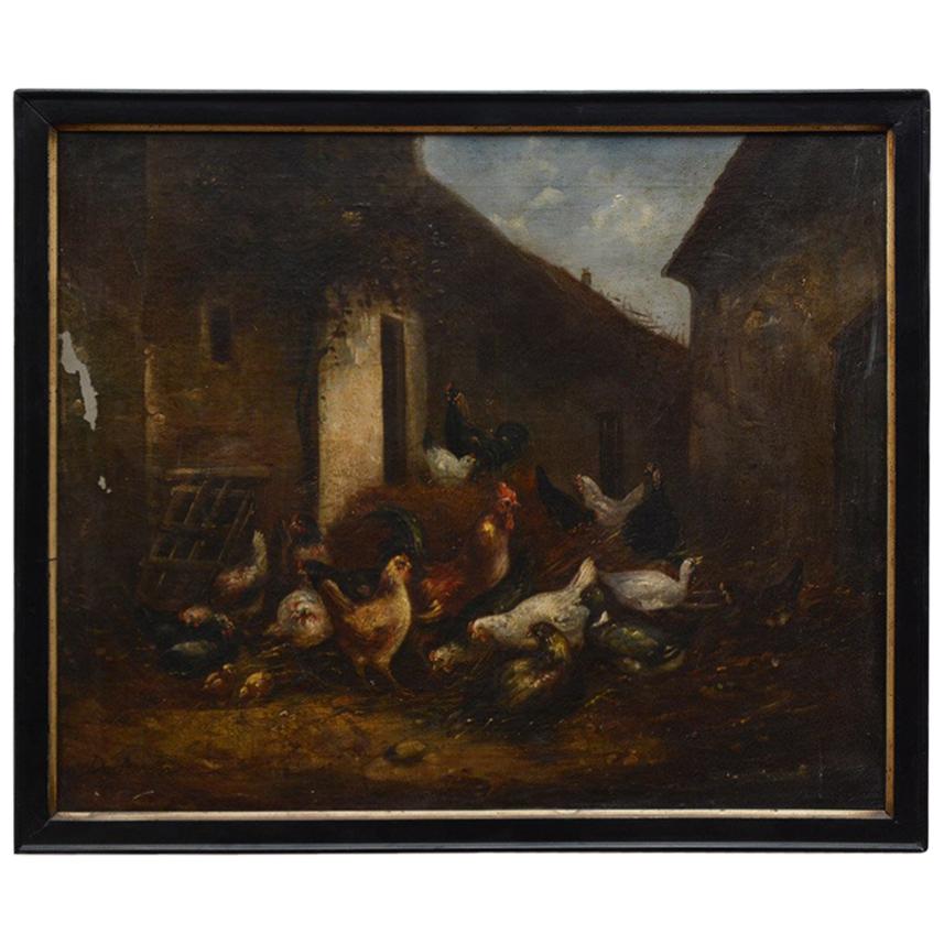 19th Century Oil Painting of Barn Yard Scene