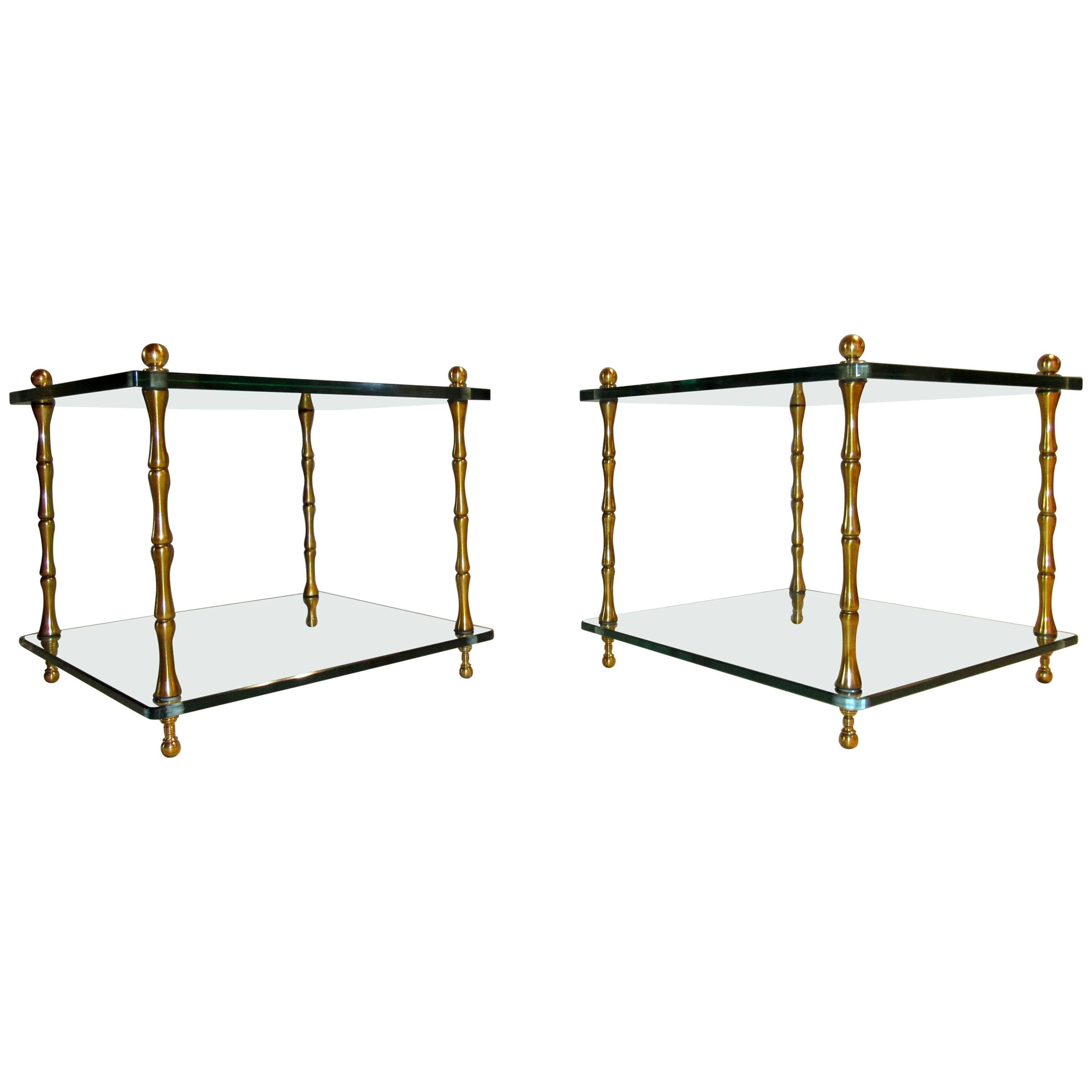 Baker Furniture Company Brass Tables Mid Century Two-Tiered Glass Shelves 1960s For Sale