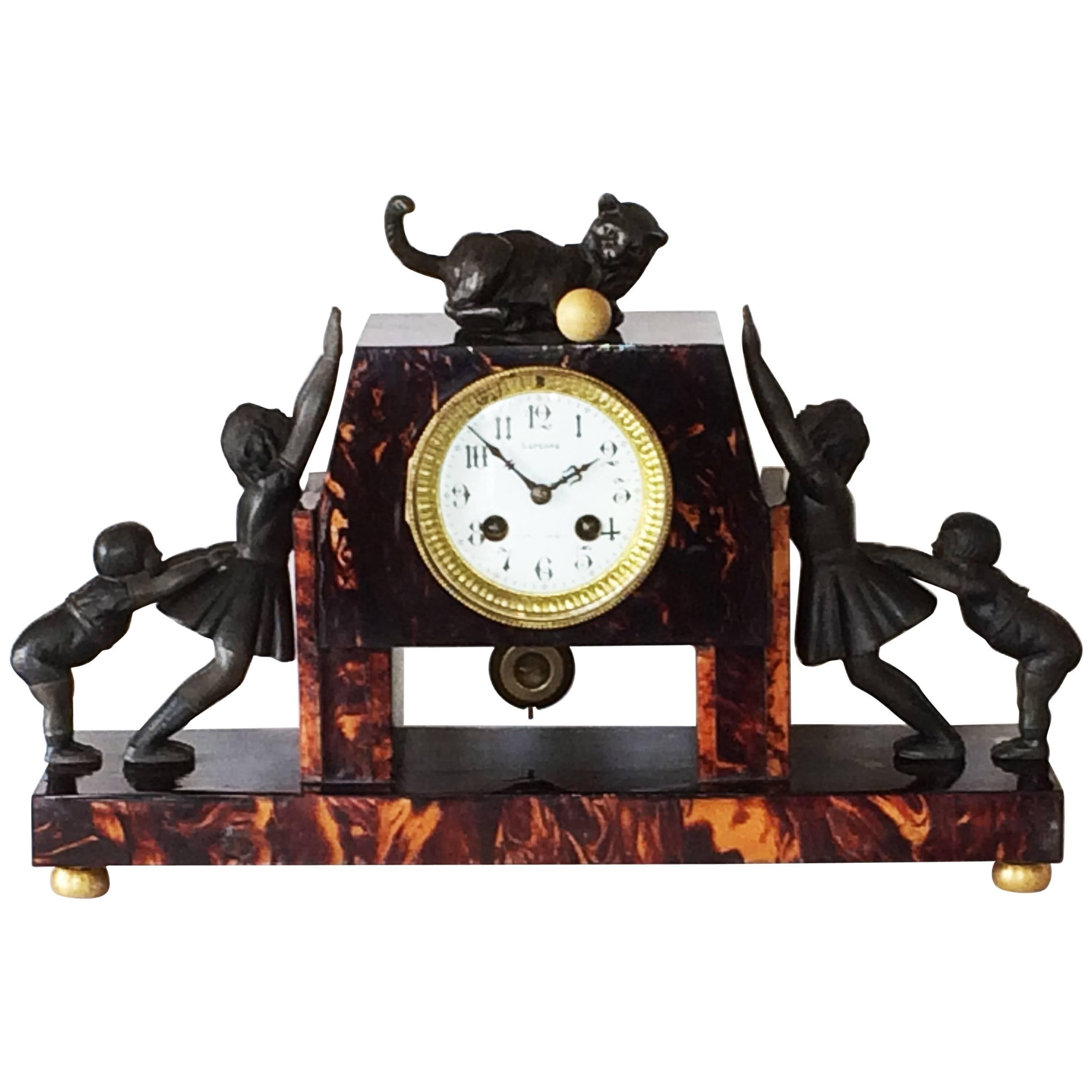 Rare French Art Deco Galalatit Clock with Cat