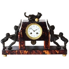 Antique Rare French Art Deco Galalatit Clock with Cat