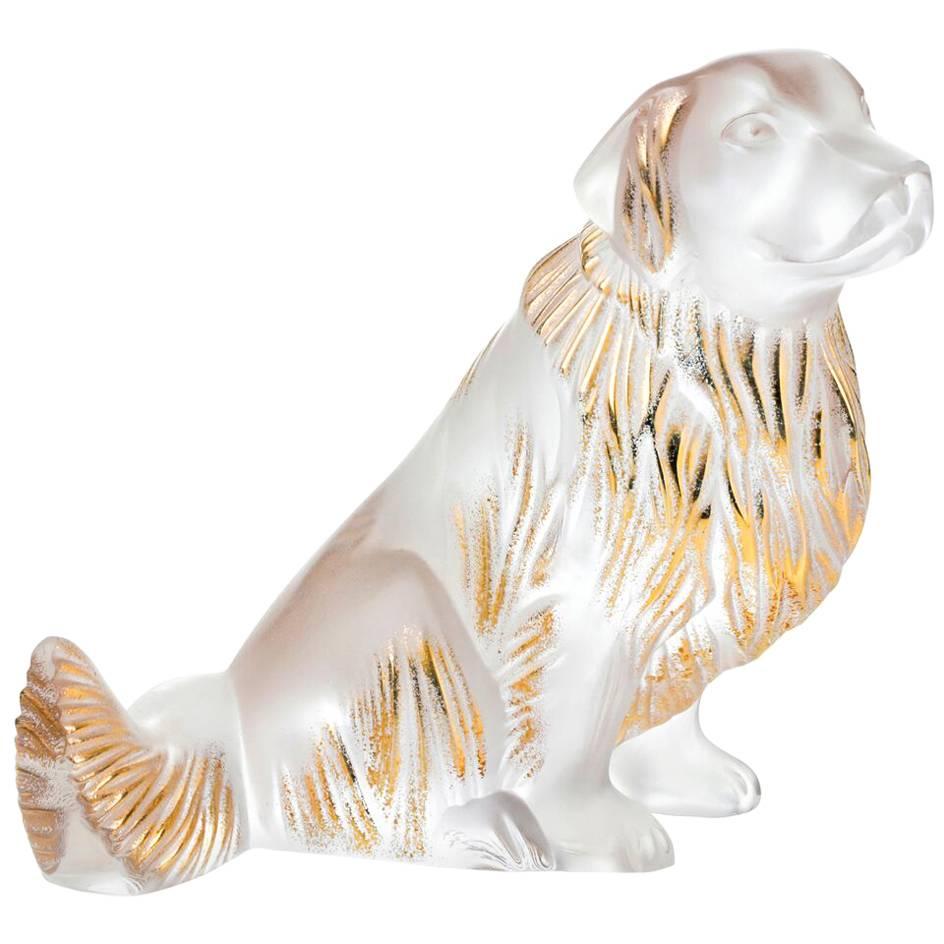 Lalique Golden Retriever Dog Figure/Sculpture in Clear & Gold Stamped Crystal For Sale