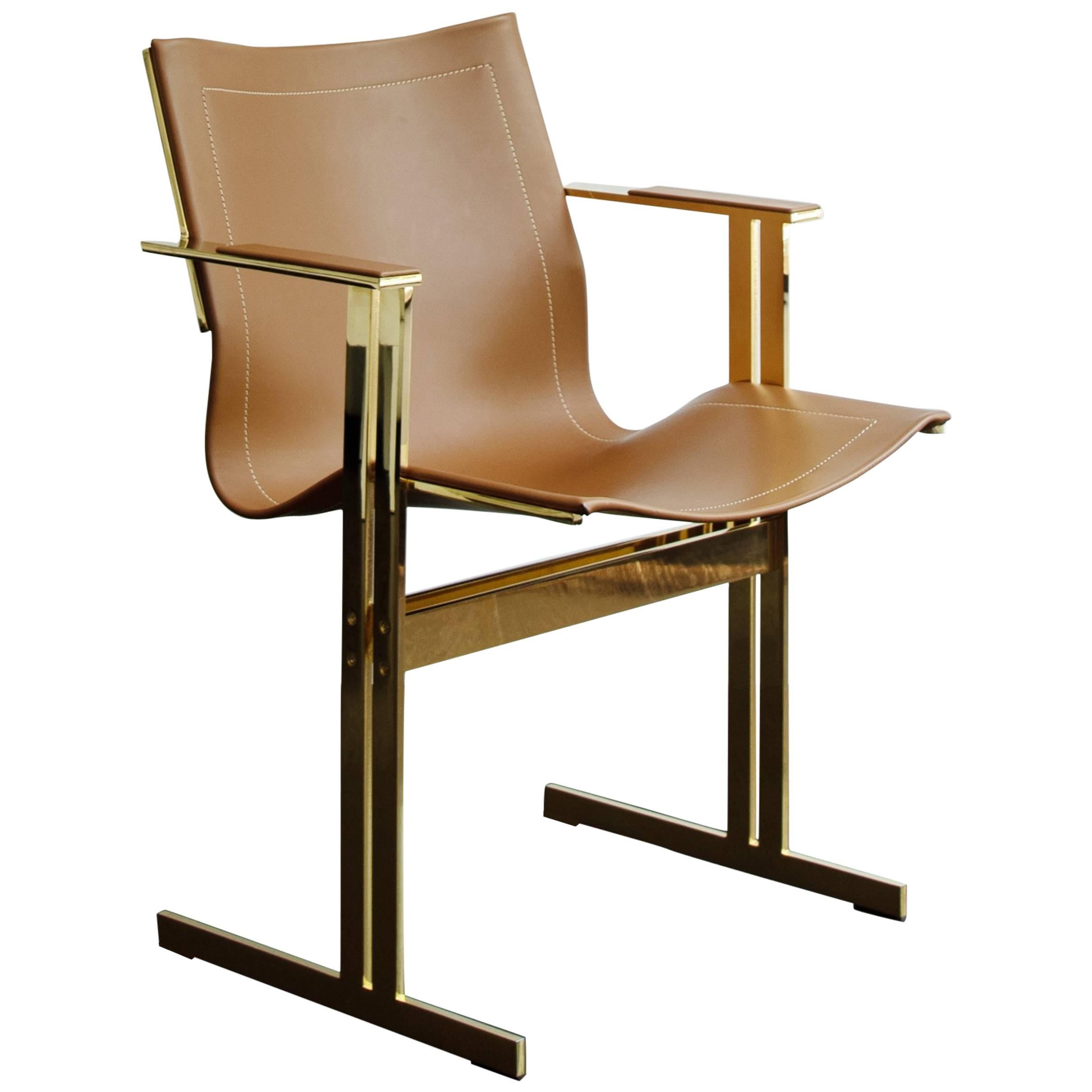 Modern Contemporary Dining/Office Chair Brown Leather and Gold Brass Plated For Sale