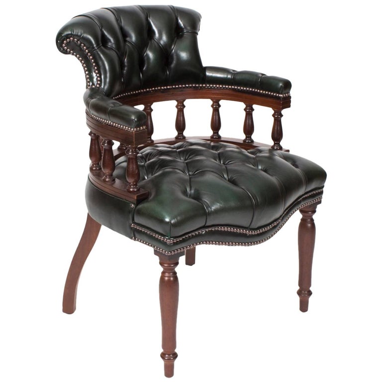 Bespoke English Handmade Leather Captains Desk Chair Olive For Sale at