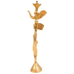 Unusual Bronze Lamp Stand Featuring a Woman Holding a Dove by Pierre Casenove