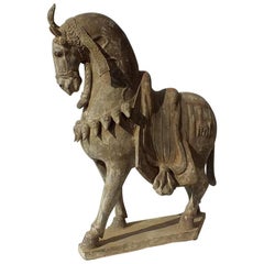 Large Painted Grey Pottery Figure of a Caparisoned Standing Horse