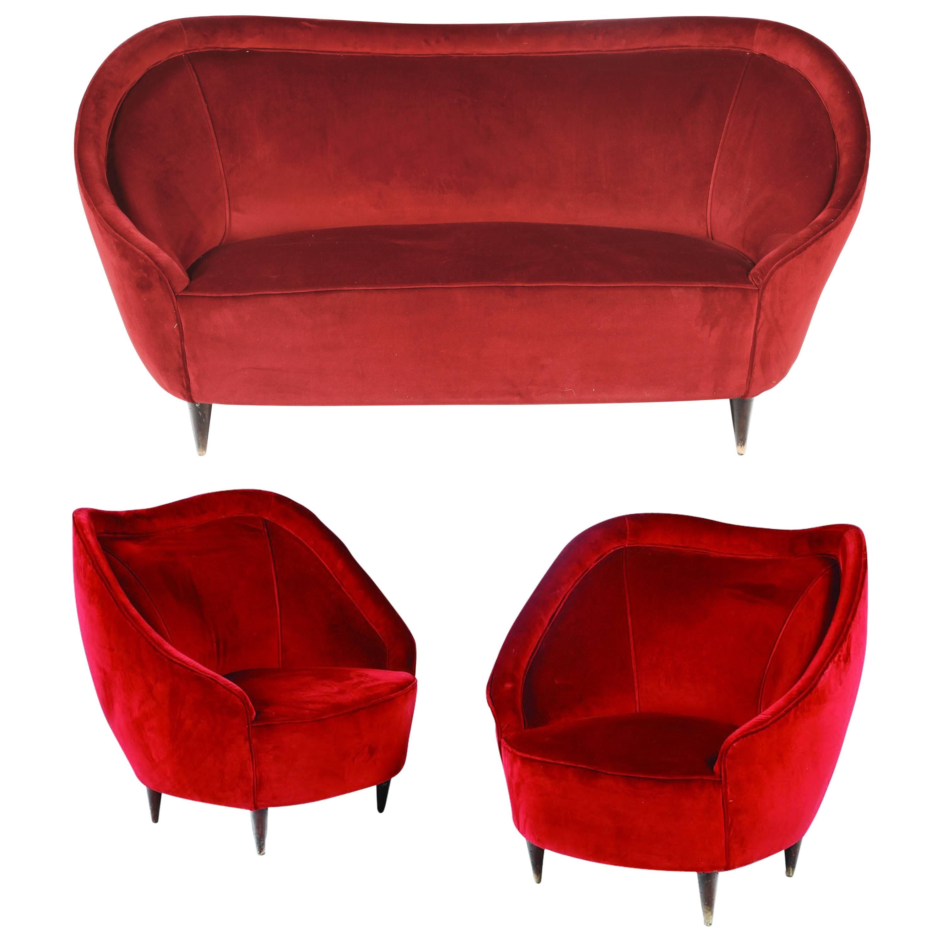 Sofa and Pair of Wooden Armchairs, Covered in Velvet Designed by Giovanni Ponti For Sale