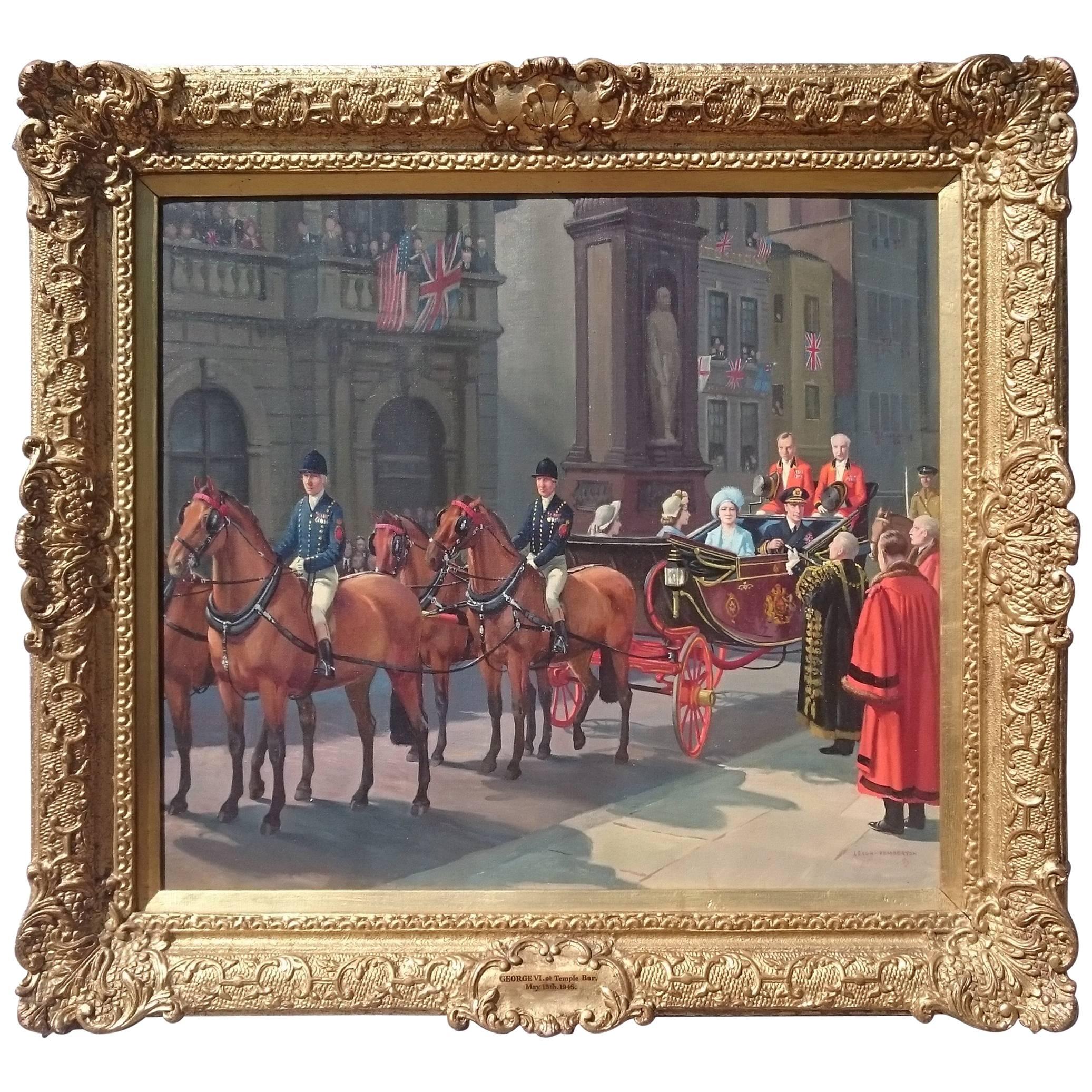 Oil on Canvas Painting, the VE Celebrations, Royal Family at Temple Bar, London For Sale