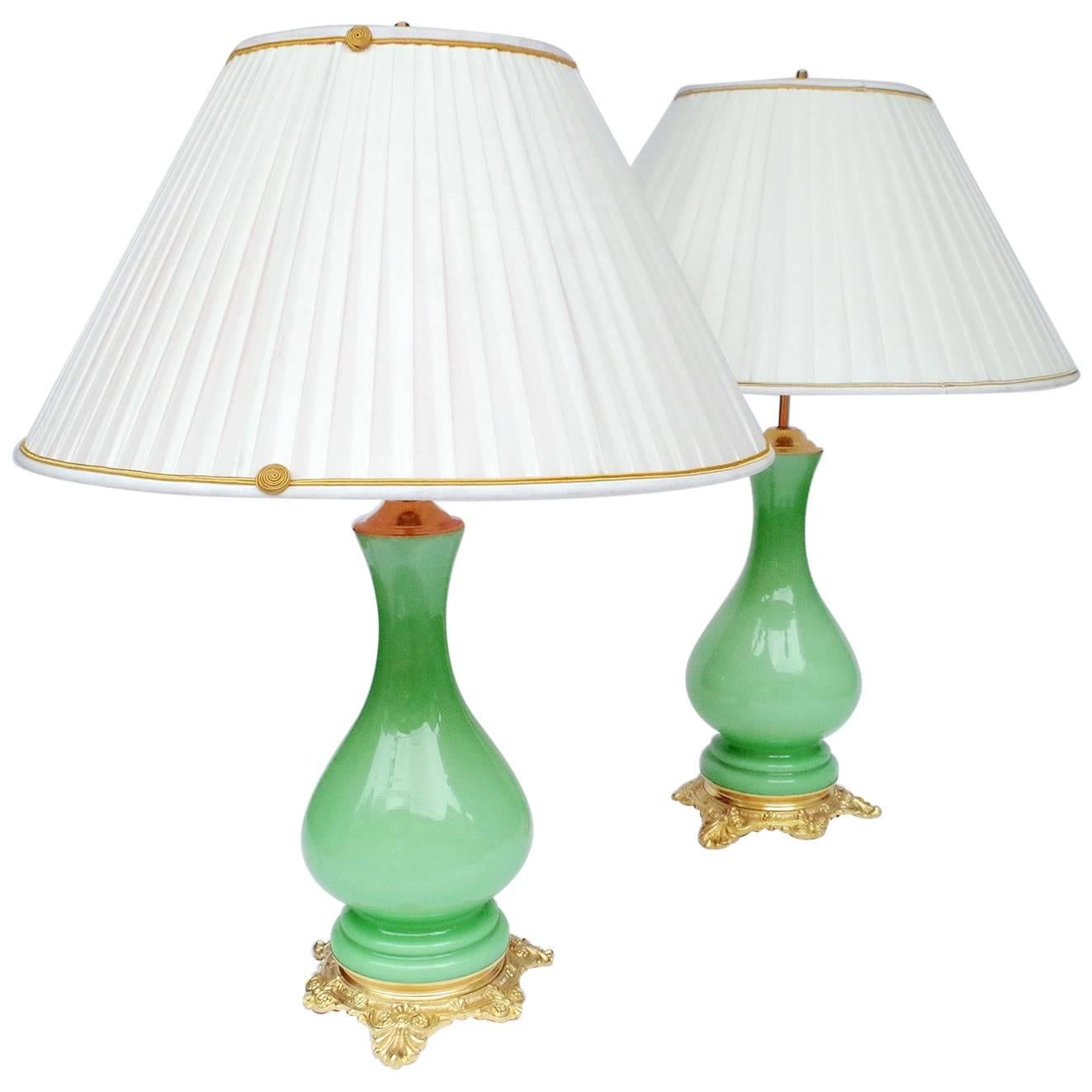 Pair of Baluster Shape Lamps in Green Opaline, circa 1880