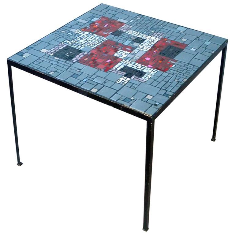1960s Square Mosaic Side Table with Vibrant Red Glass
