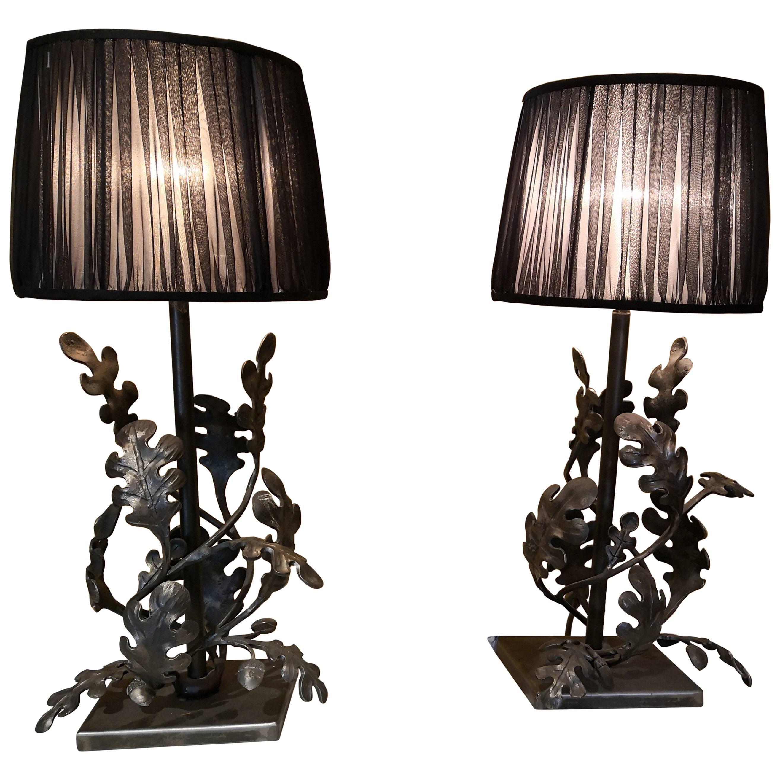  Pair of Iron Table Lamps Handmade Austria with Black Organza Shades