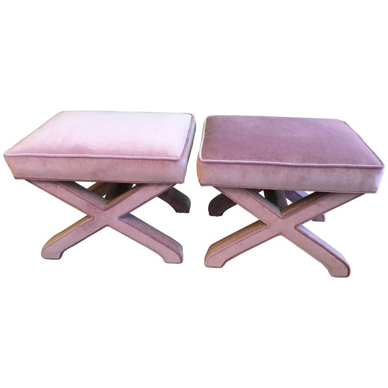Pair of X Base Upholstered Stools at 1stDibs