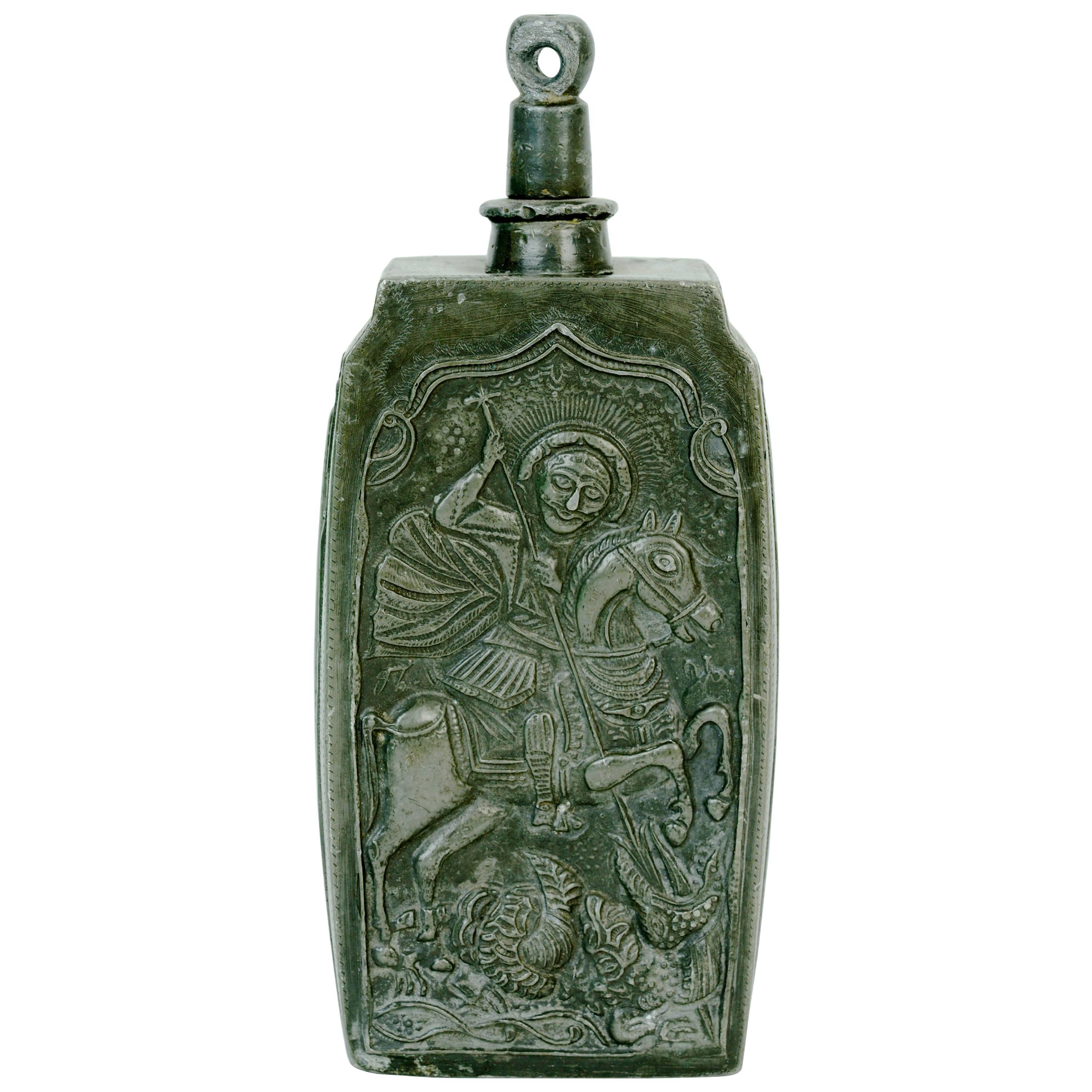 18th C Russian Pewter Powder Flask Embossed with St George Slaying a Dragon