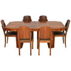 1920s Art Deco Walnut Dining Table and Six Cloud Back Dining Chairs