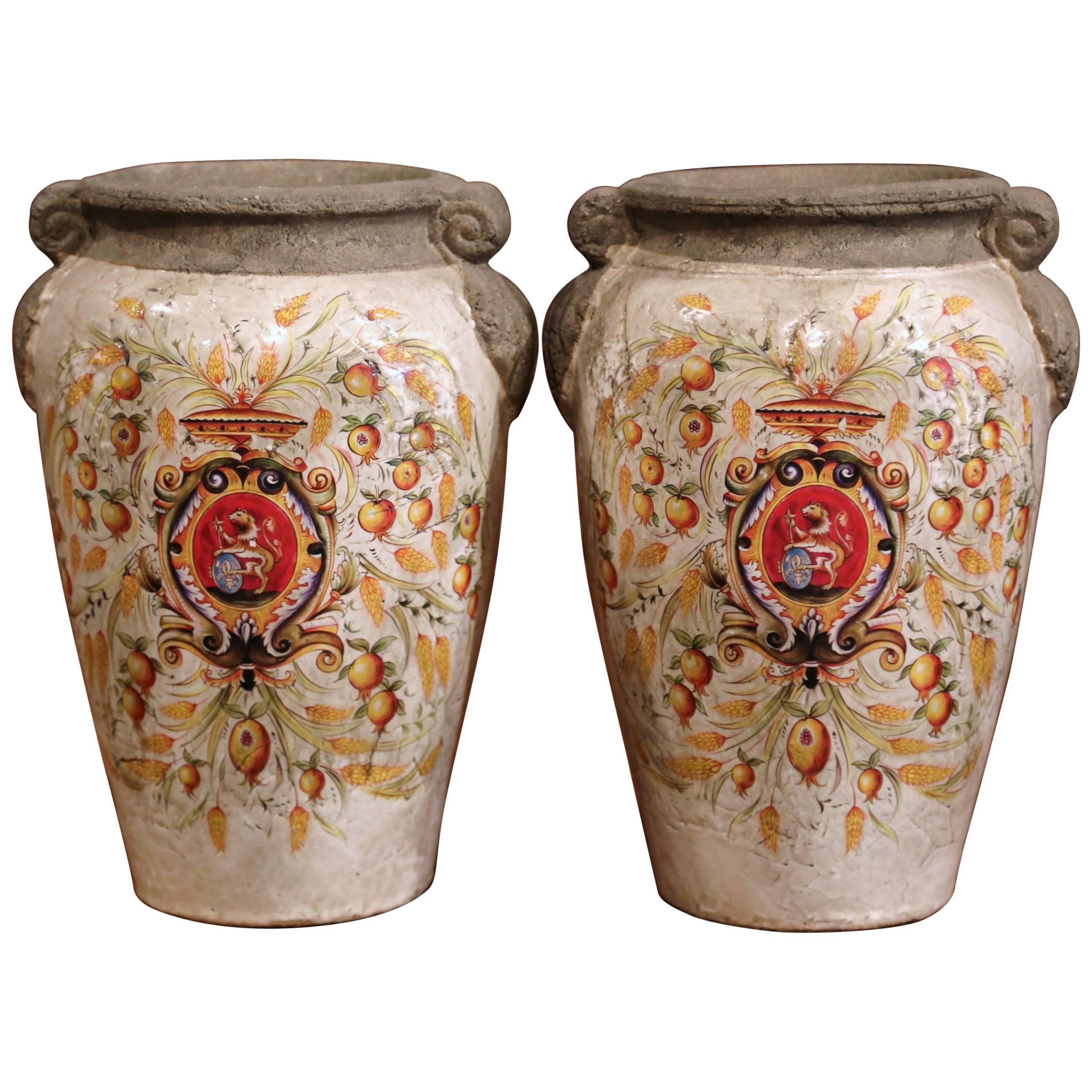 Pair of Italian Decorative Hand-Painted Vases with Wheat and Fruit