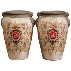 Pair of Italian Decorative Hand-Painted Vases with Wheat and Fruit