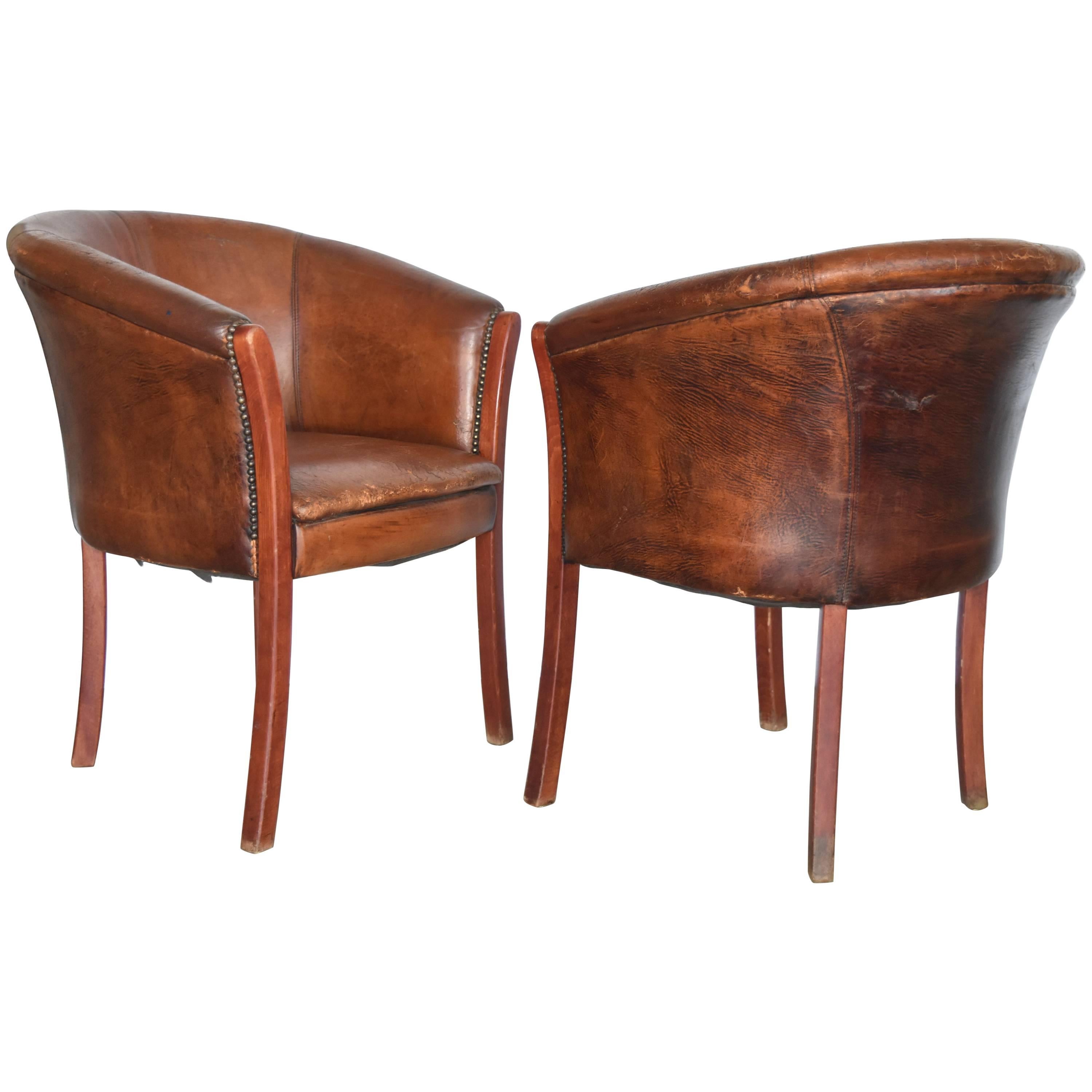 Vintage French or Belgian Wood Cognac Leather Club Chairs