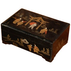 19th Century French Black Lacquered Make Up Music Box with Chinoiserie Decor