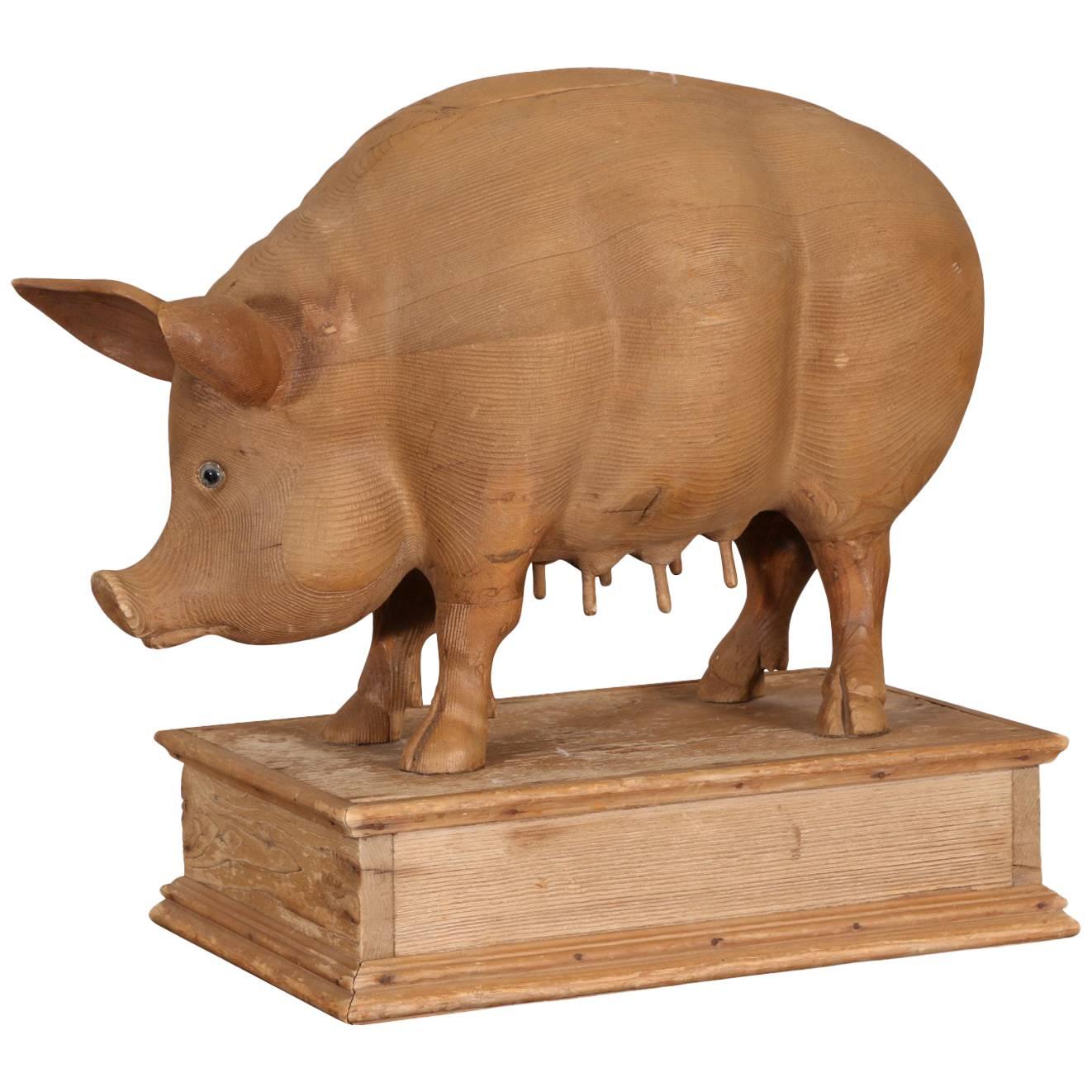 Carved Pine Pig Sculpture