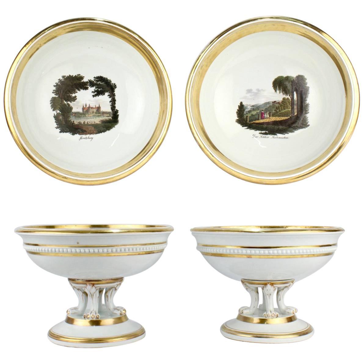 Pair of Large Antique Meissen Porcelain Topographical Footed Bowls or Tazzas For Sale