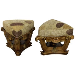 Vintage Art Deco Rococo Tabourets Foot Stools Italian Signed Mascheroni Gold Gilt, Pair