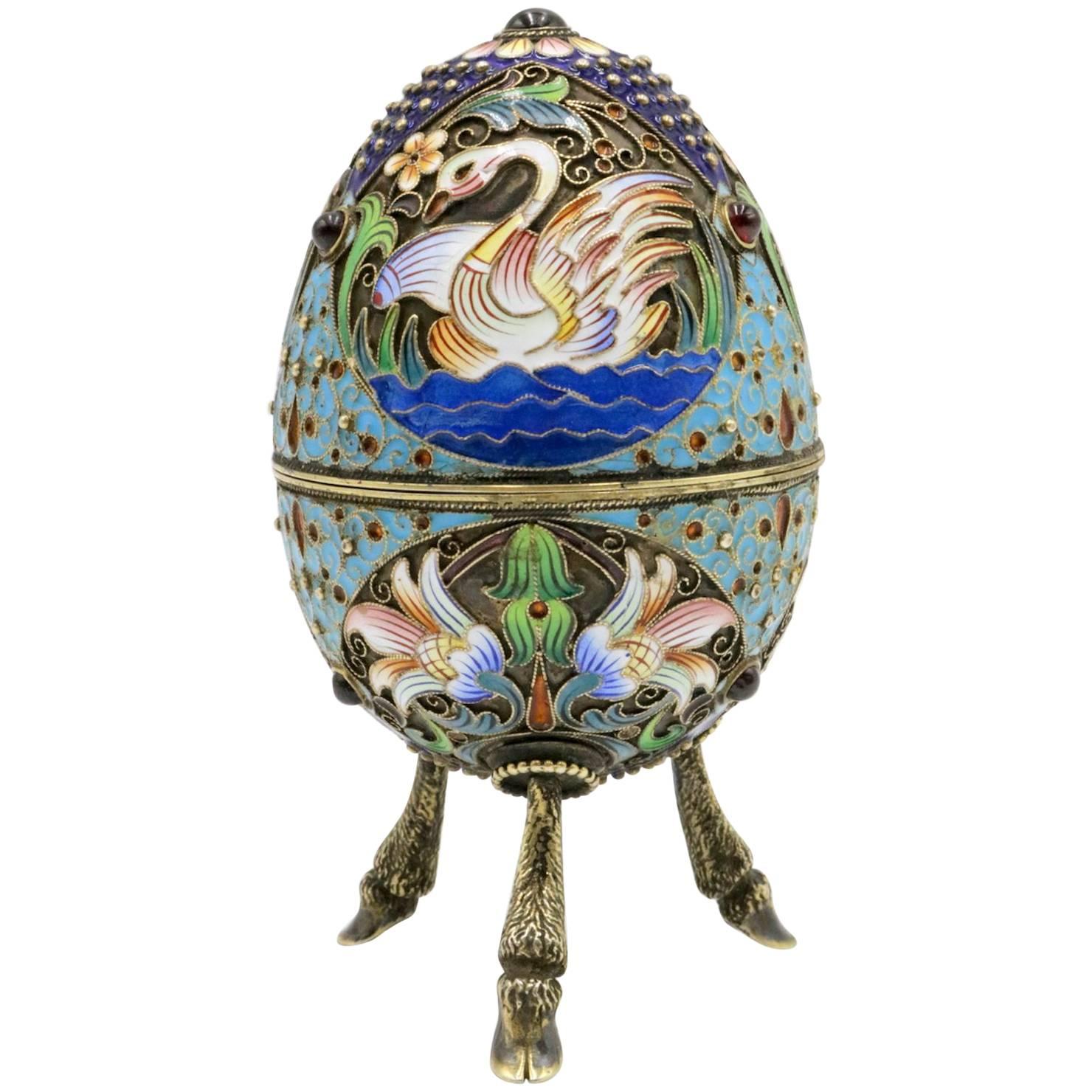 Faberge Russian 84 Silver, Enamel and Ruby Footed Egg