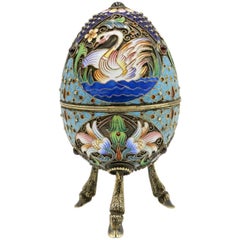 Faberge Russian 84 Silver, Enamel and Ruby Footed Egg